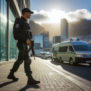 10 best security companies in Cape Town - vigilant security guard patrolling a commercial building