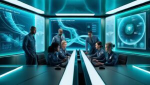 security services - futuristic security control room with a team of security professionals